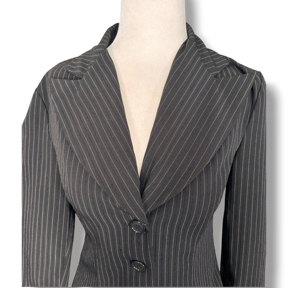 Y2K Koji Yohji Womens Pinstripe Blazer Jacket Wide Lapel Stretch Career Office
